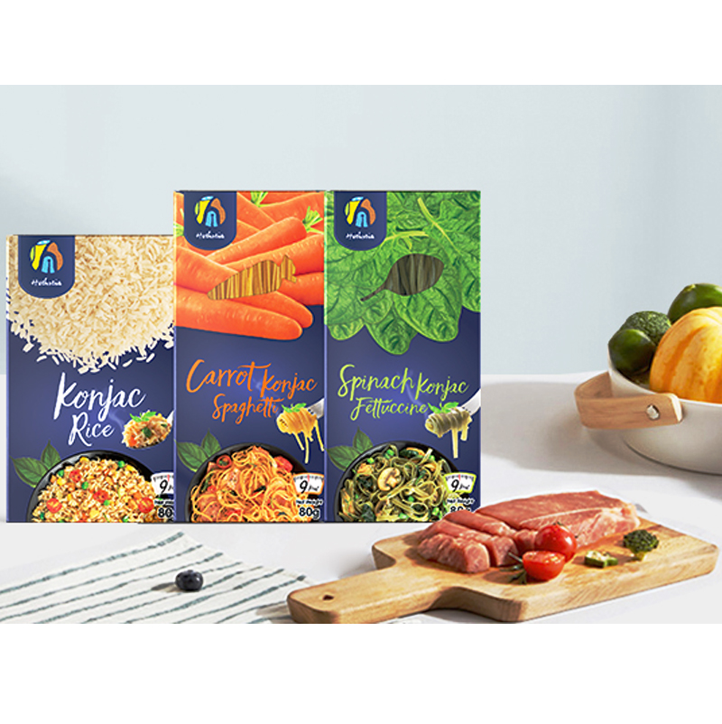 The konjac rice is displayed in an attractive packaging, emphasizing its role as a healthy, zero-carb rice alternative.
